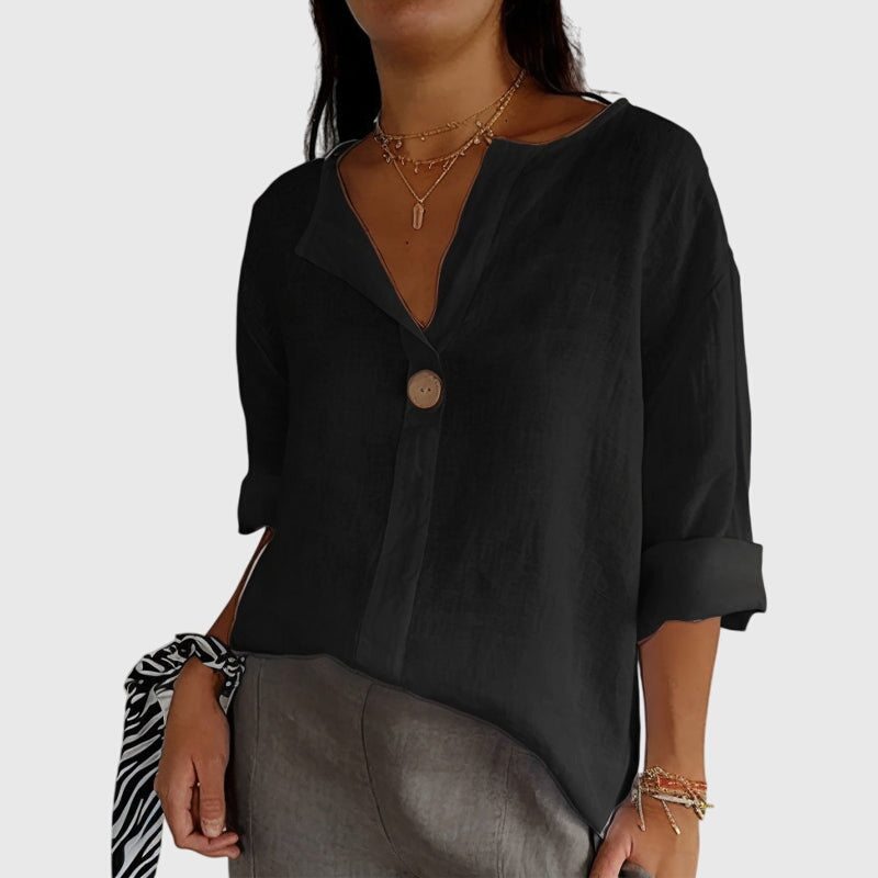 Relaxed Fit V Neck Single Button Blouse Black 1
