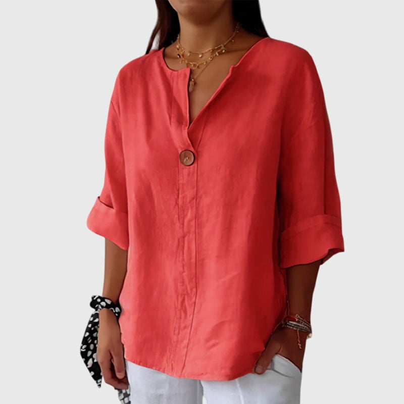 Relaxed Fit V Neck Single Button Blouse Coral 1
