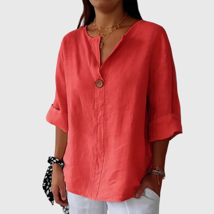 Relaxed Fit V Neck Single Button Blouse Coral 1
