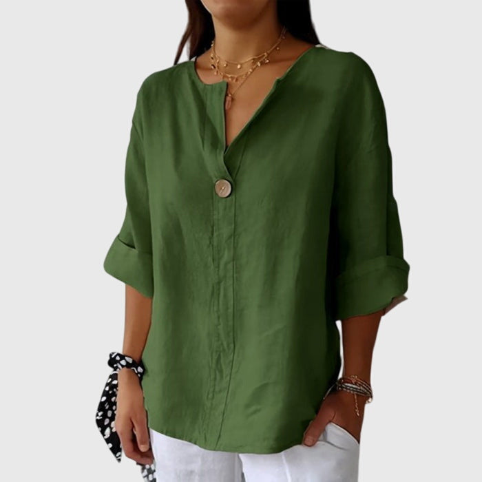 Relaxed Fit V Neck Single Button Blouse Green 1