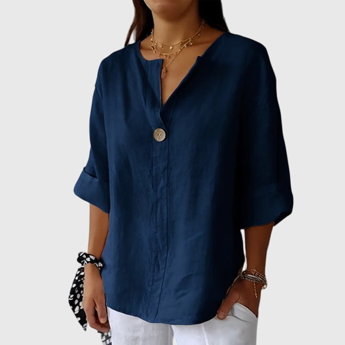 Relaxed Fit V Neck Single Button Blouse Navy Blue 1