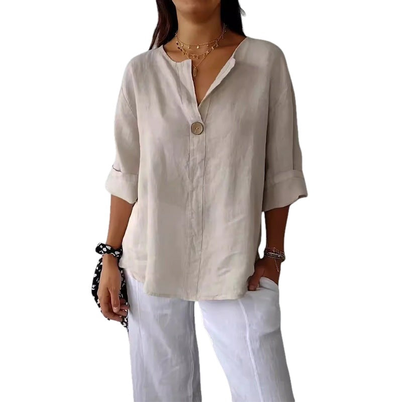Relaxed Fit V Neck Single Button Blouse on white