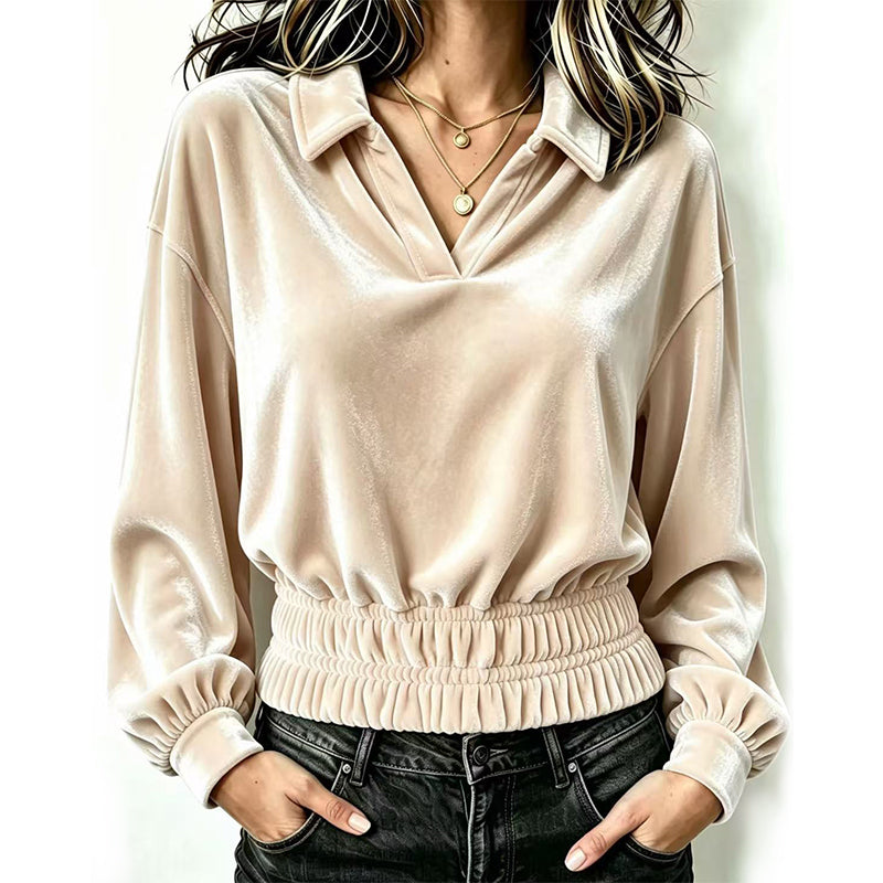 Relaxed Fit Velvet V Neck Collared Long Sleeve Top Cream 1