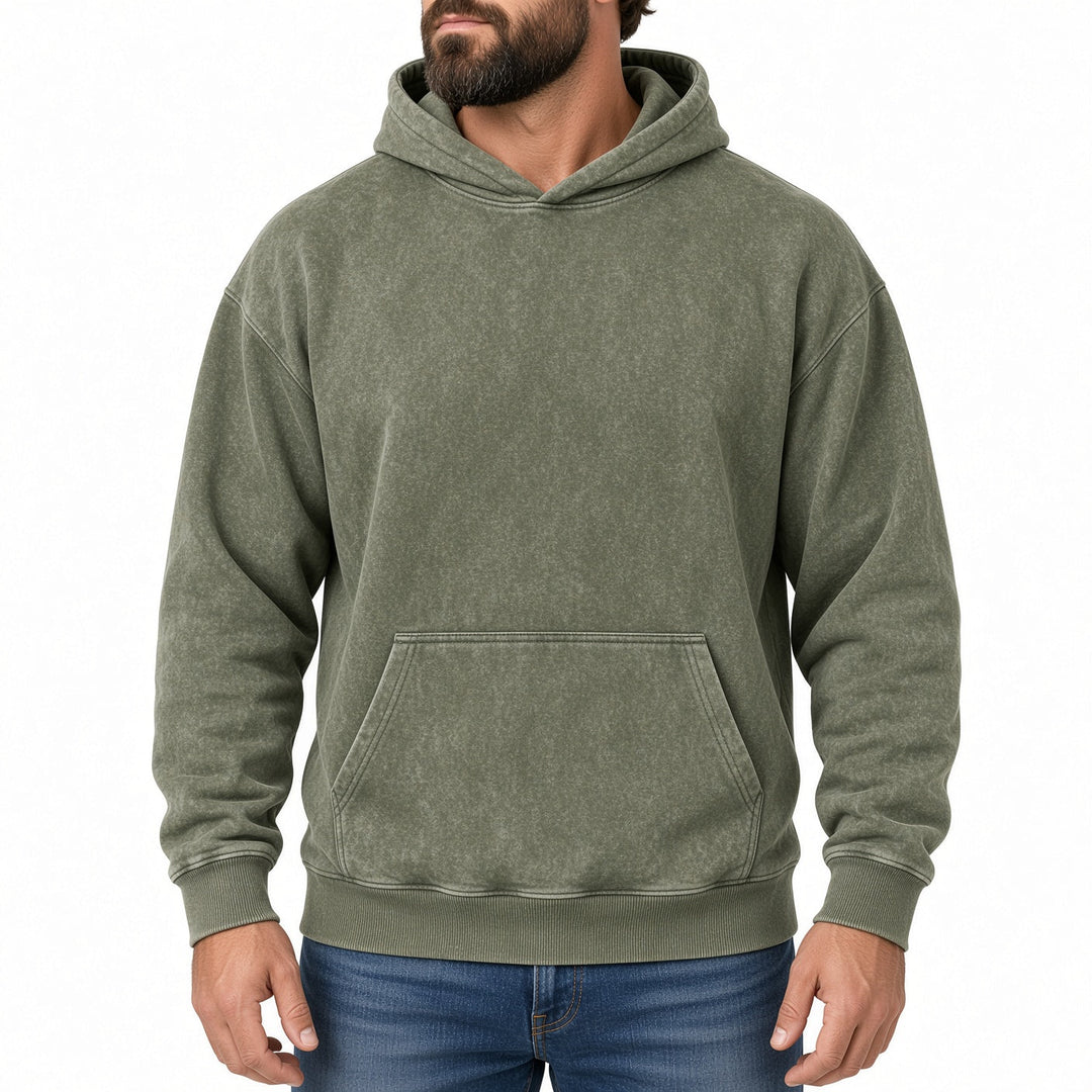 Relaxed Fit Vintage Wash Pullover Hoodie Olive Green 1