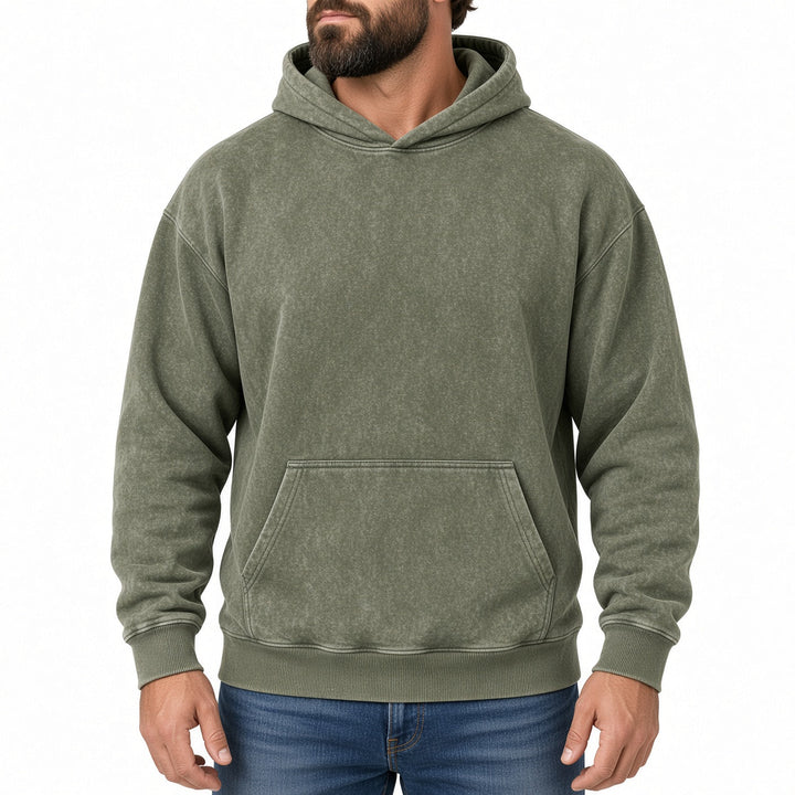 Relaxed Fit Vintage Wash Pullover Hoodie Olive Green 1