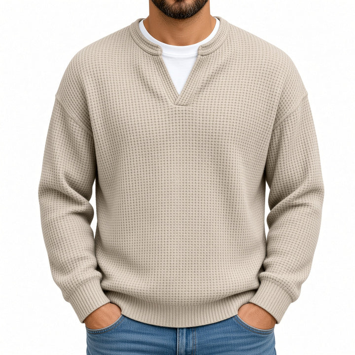 Relaxed Fit Waffle Knit Notch Neck Sweater Beige 1