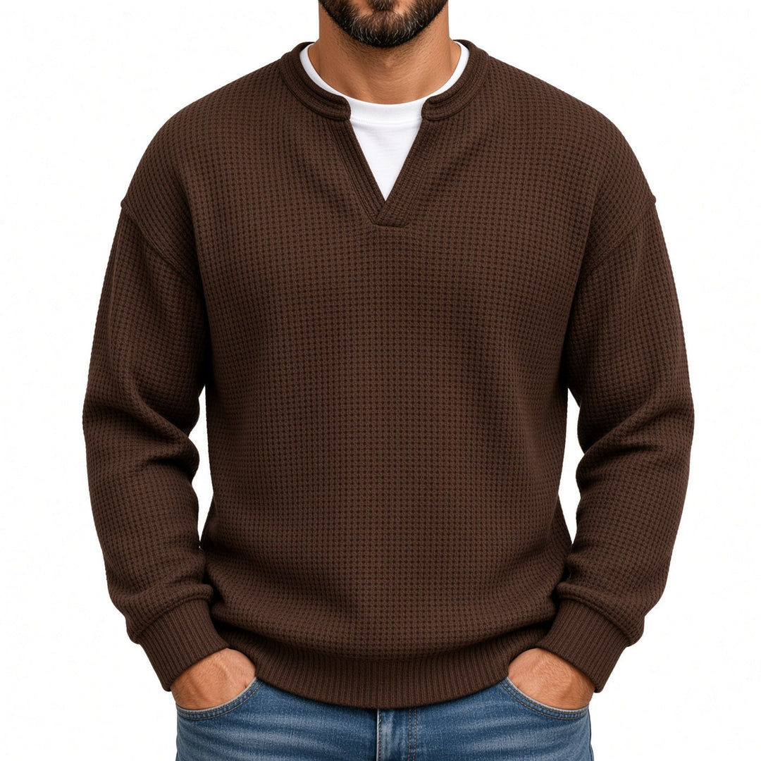 Relaxed Fit Waffle Knit Notch Neck Sweater Brown 1