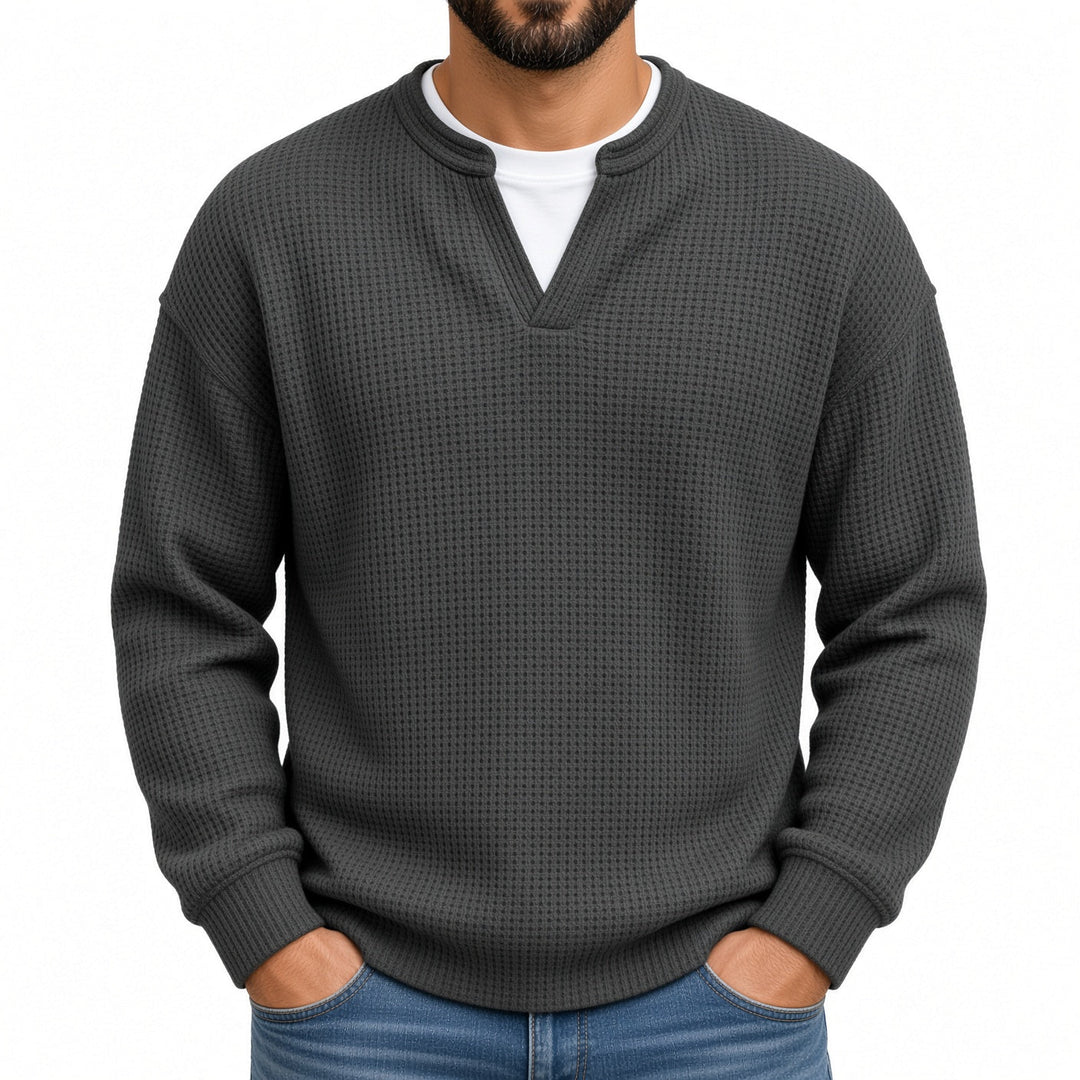 Relaxed Fit Waffle Knit Notch Neck Sweater Dark Gray 1