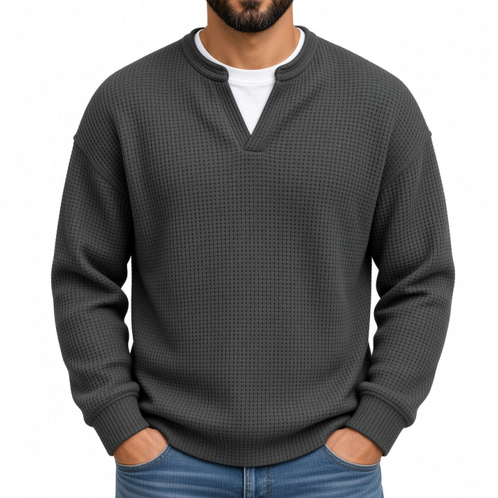 Relaxed Fit Waffle Knit Notch Neck Sweater Dark Gray 1