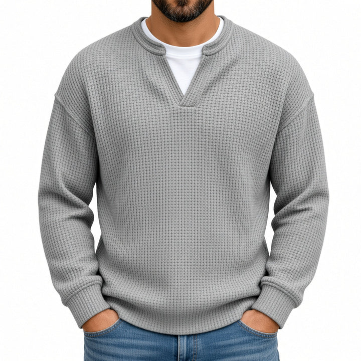 Relaxed Fit Waffle Knit Notch Neck Sweater Gray 1