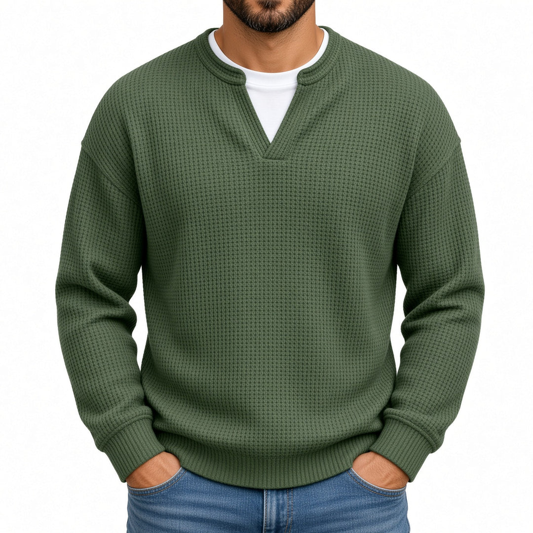 Relaxed Fit Waffle Knit Notch Neck Sweater Green 1