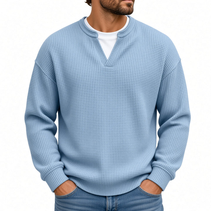 Relaxed Fit Waffle Knit Notch Neck Sweater Light Blue 1