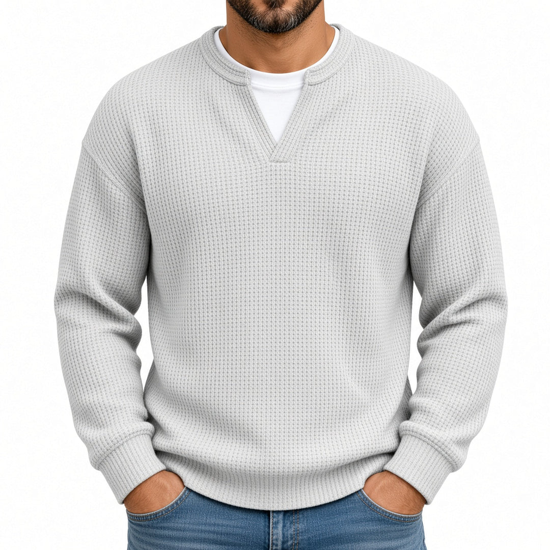 Relaxed Fit Waffle Knit Notch Neck Sweater Light Gray 1