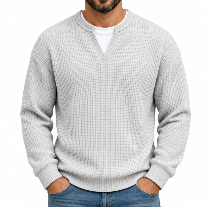 Relaxed Fit Waffle Knit Notch Neck Sweater Light Gray 1