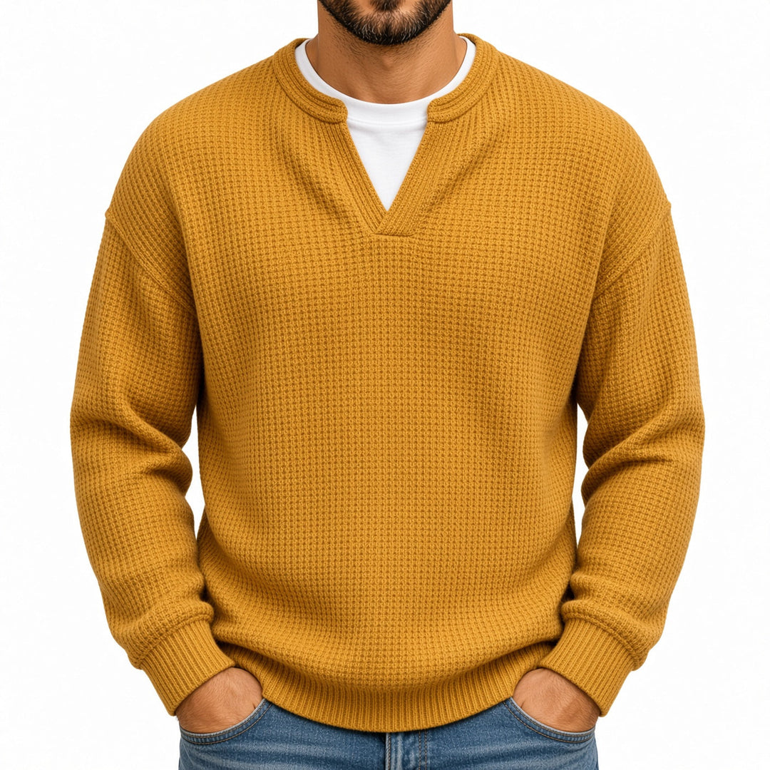 Relaxed Fit Waffle Knit Notch Neck Sweater Mustard 1