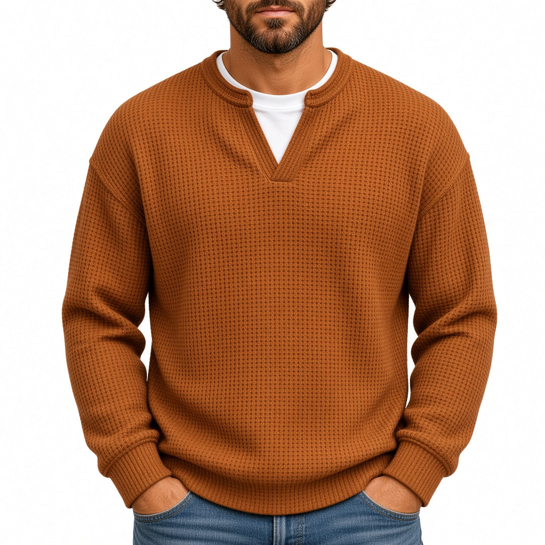 Relaxed Fit Waffle Knit Notch Neck Sweater Rust 1
