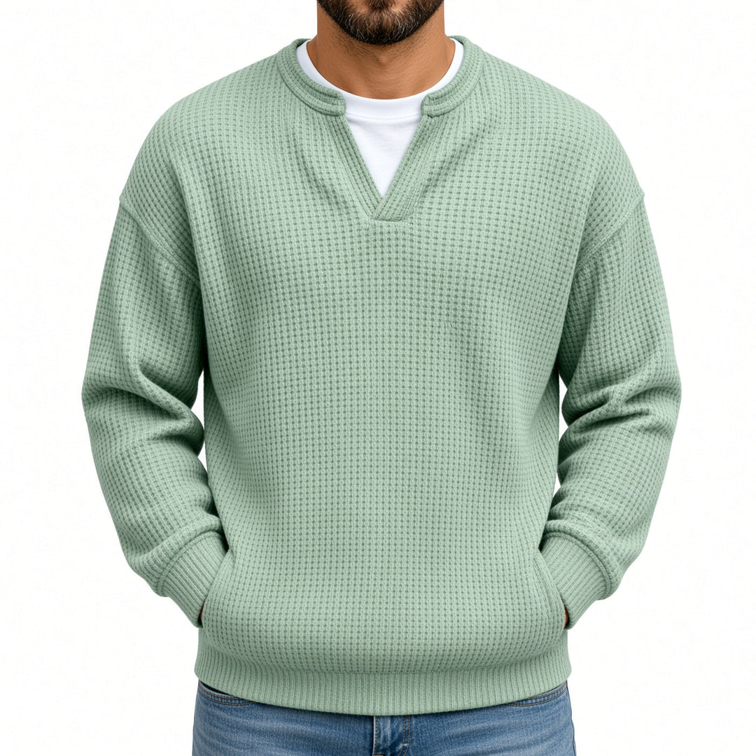 Relaxed Fit Waffle Knit Notch Neck Sweater Sage Green 1