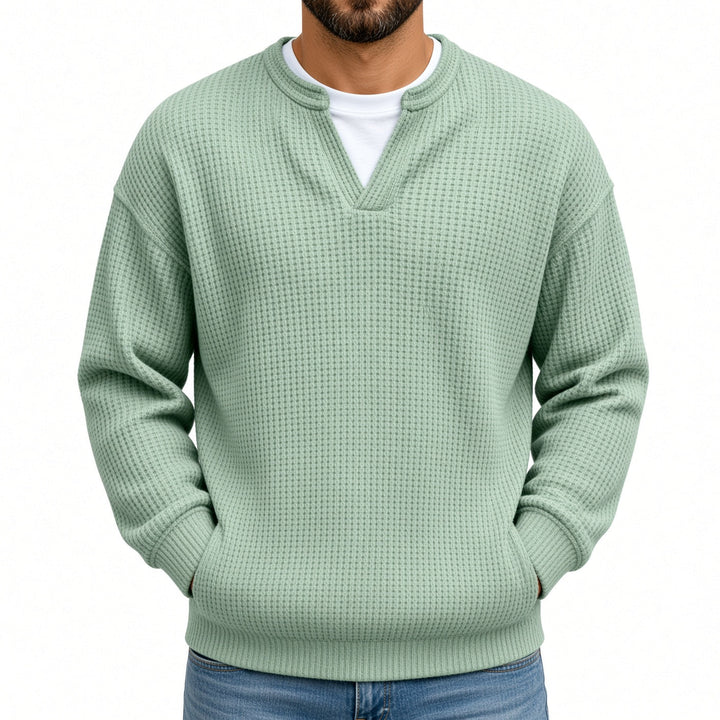 Relaxed Fit Waffle Knit Notch Neck Sweater Sage Green 1