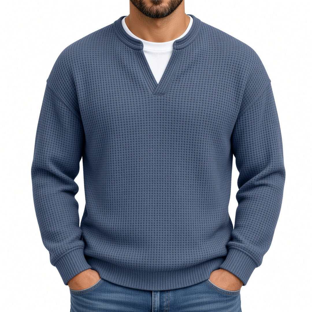 Relaxed Fit Waffle Knit Notch Neck Sweater Slate Blue 1