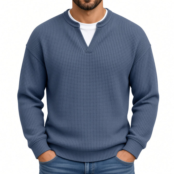 Relaxed Fit Waffle Knit Notch Neck Sweater Slate Blue 1
