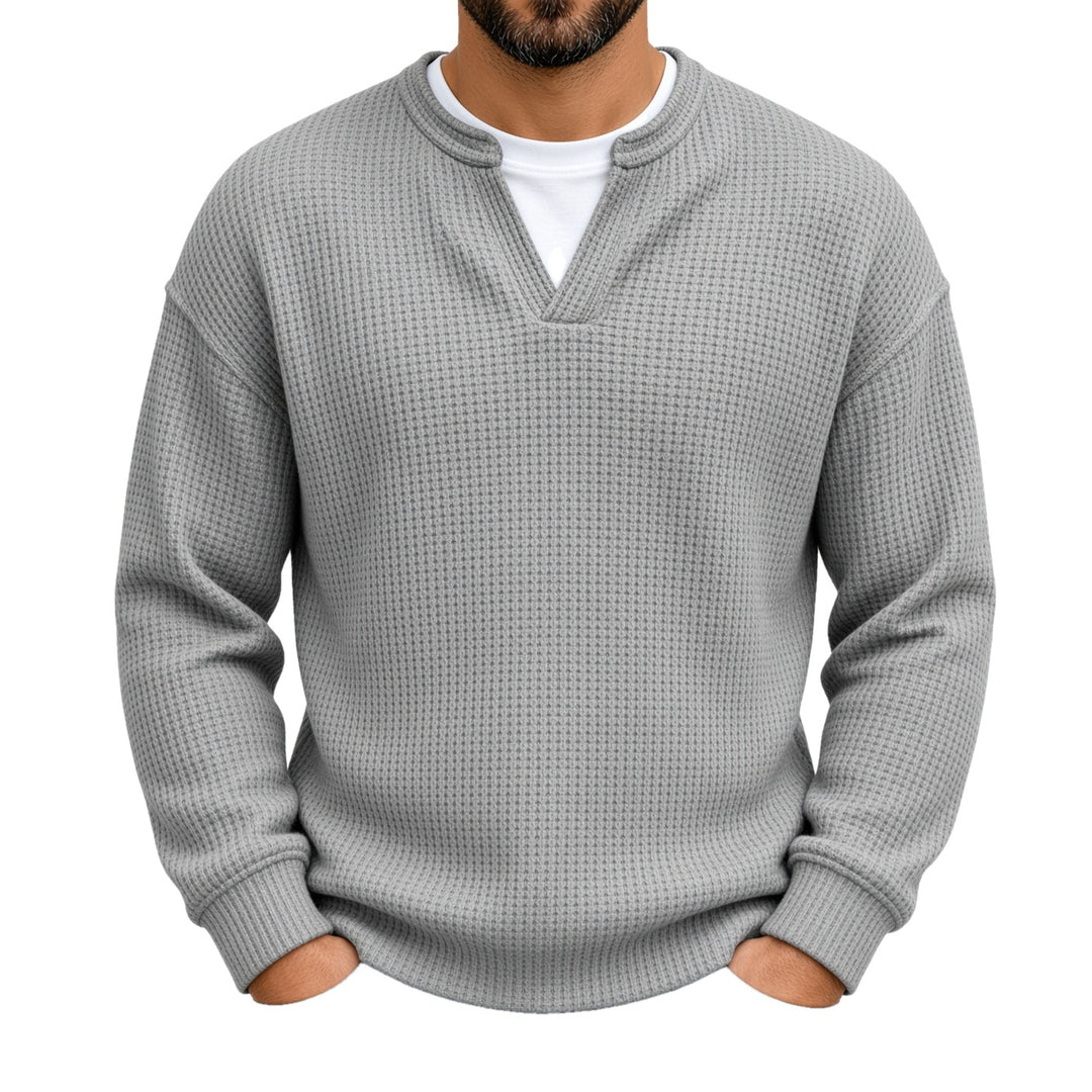 Relaxed Fit Waffle Knit Notch Neck Sweater on white