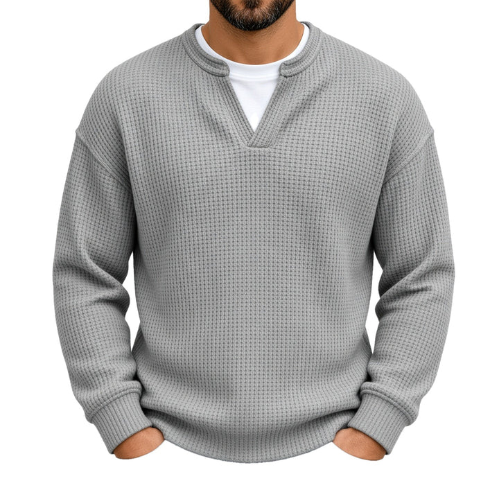 Relaxed Fit Waffle Knit Notch Neck Sweater on white