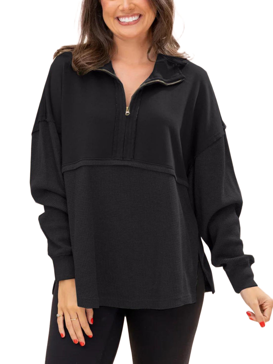 Relaxed Fit Waffle Knit Quarter Zip Pullover Black 1