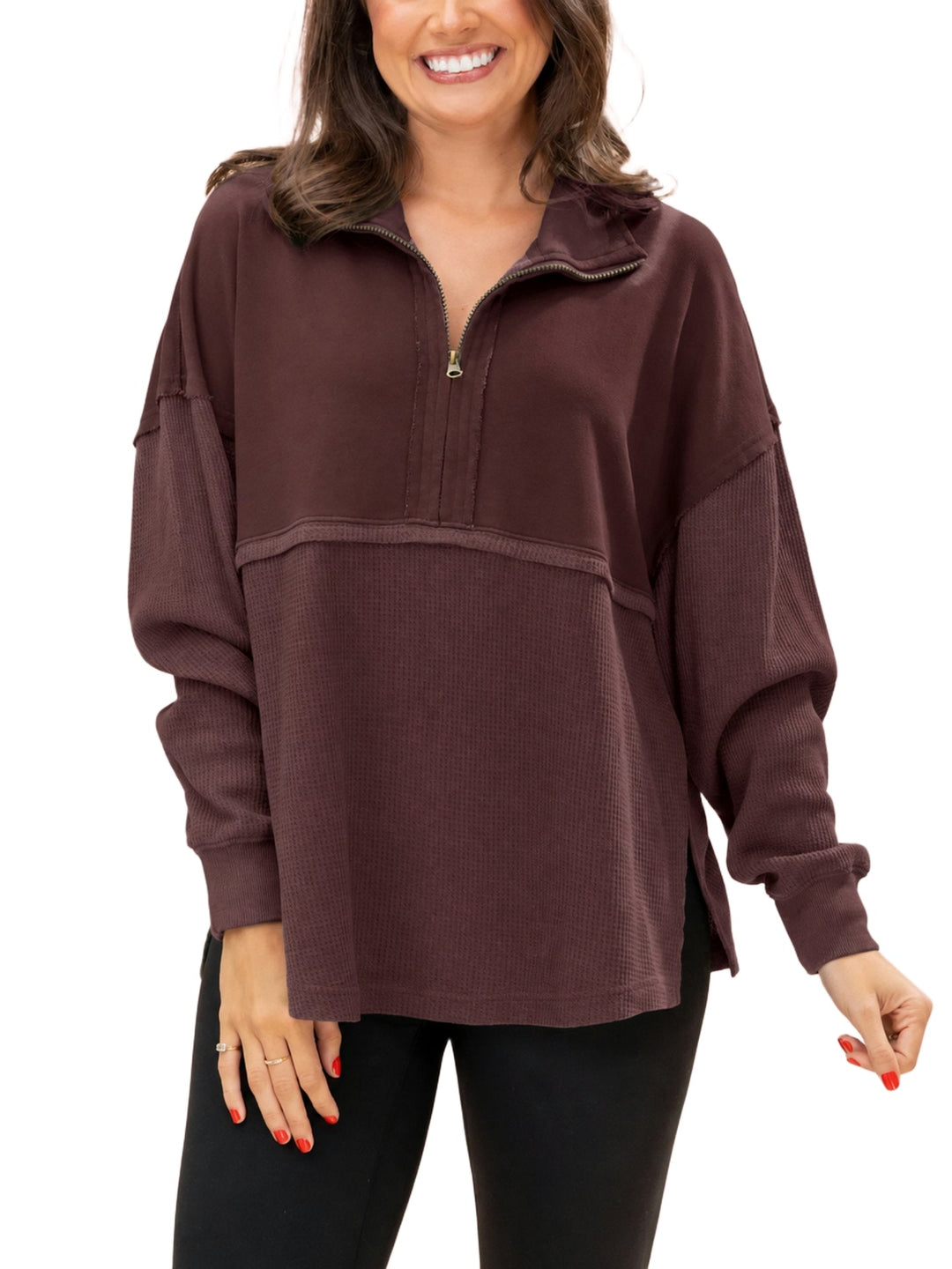 Relaxed Fit Waffle Knit Quarter Zip Pullover Brown 1