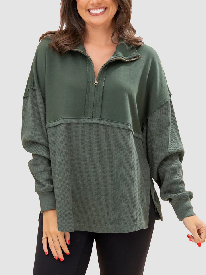 Relaxed Fit Waffle Knit Quarter Zip Pullover Dark Green 1