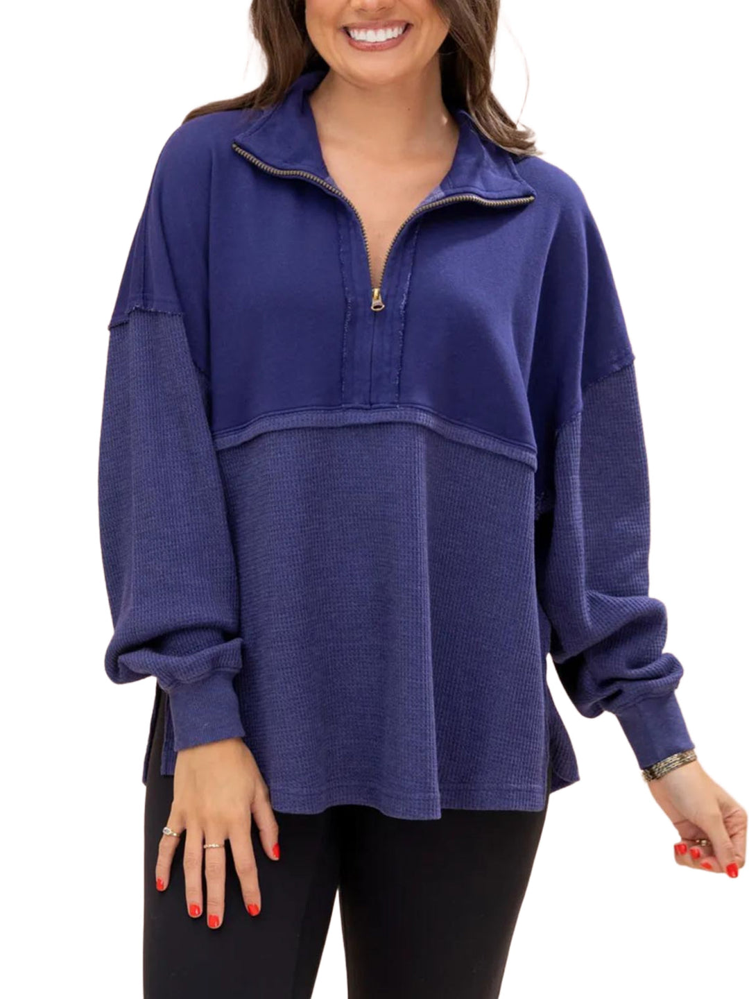 Relaxed Fit Waffle Knit Quarter Zip Pullover Indigo 1
