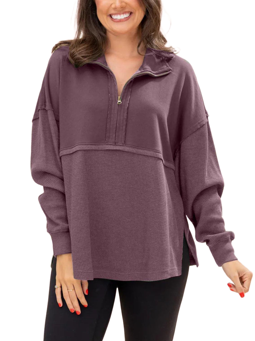 Relaxed Fit Waffle Knit Quarter Zip Pullover Purple 1