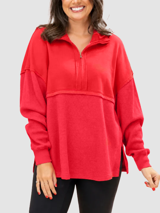 Relaxed Fit Waffle Knit Quarter Zip Pullover Red 1