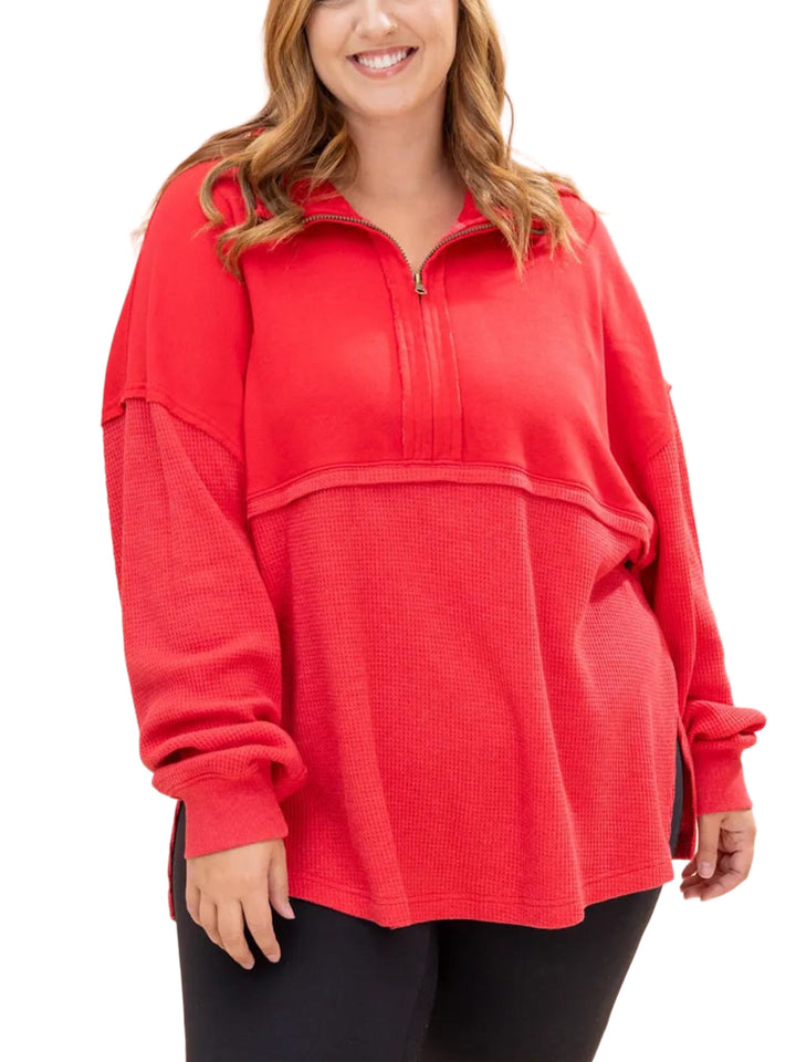 Relaxed Fit Waffle Knit Quarter Zip Pullover Red 2
