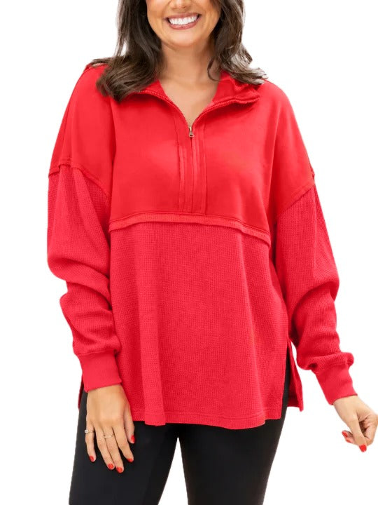 Relaxed Fit Waffle Knit Quarter Zip Pullover on white