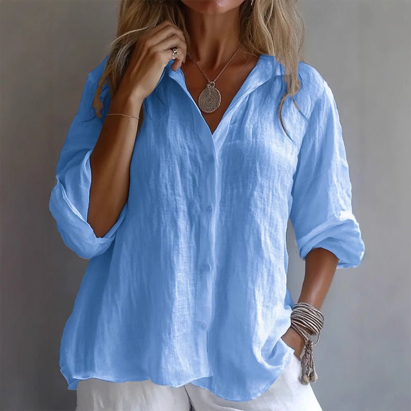 Relaxed Linen Blend Button Up Shirt Blue 1
