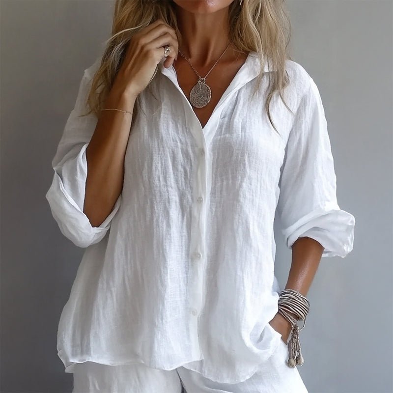 Relaxed Linen Blend Button Up Shirt White 1
