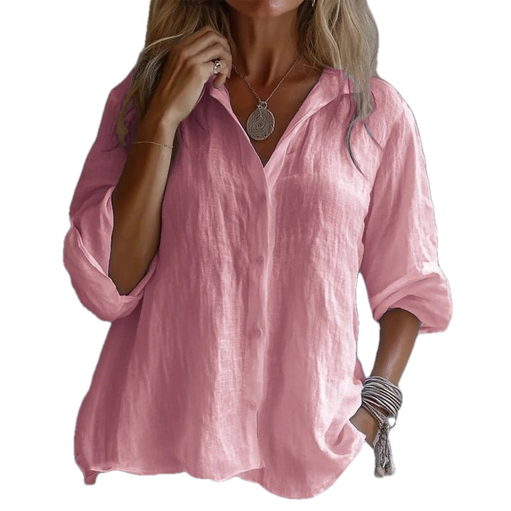 Relaxed Linen Blend Button Up Shirt on white