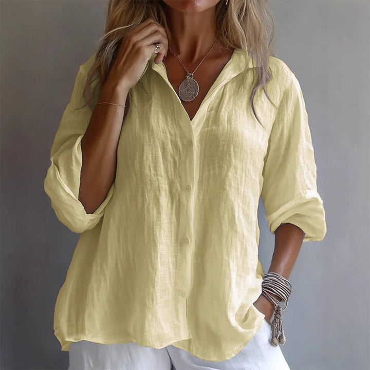 Relaxed Linen Blend Button Up Shirt Yellow 1