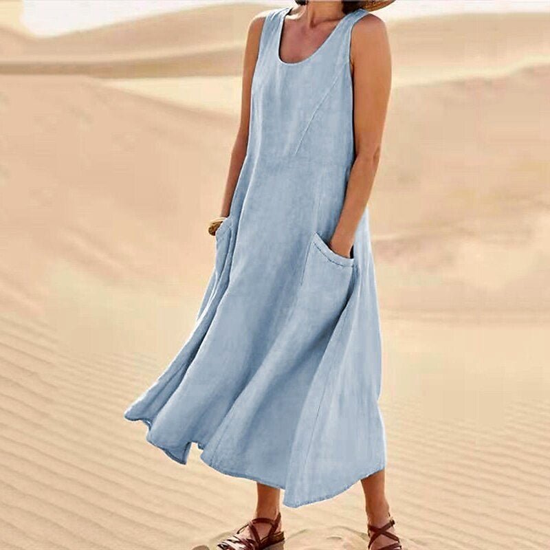 Relaxed Linen Blend Sleeveless Maxi Dress Pockets Blue 1