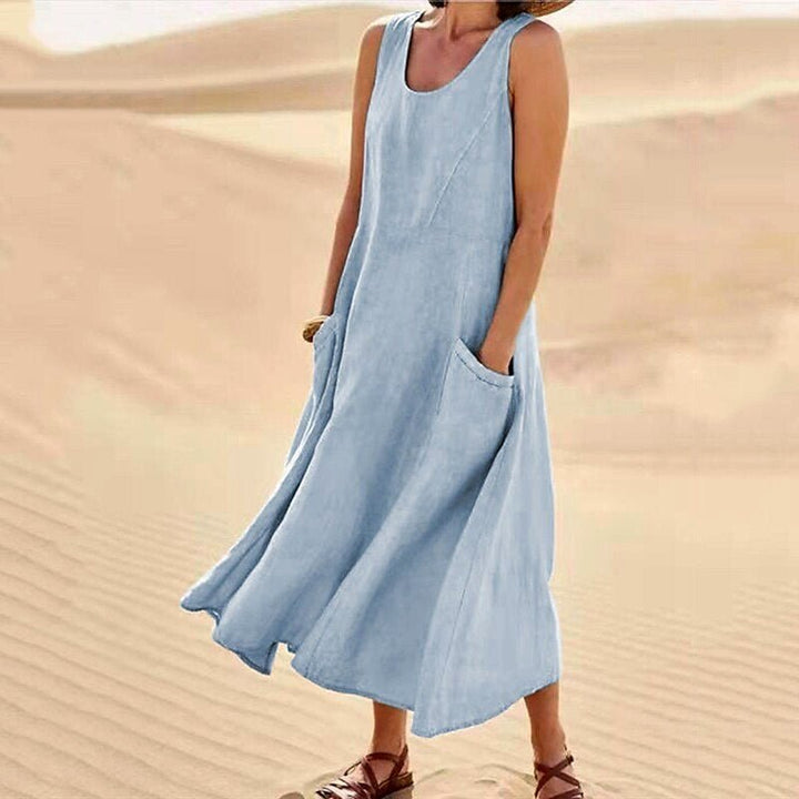 Relaxed Linen Blend Sleeveless Maxi Dress Pockets Blue 1