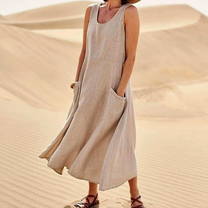 Relaxed Linen Blend Sleeveless Maxi Dress Pockets Khaki 1