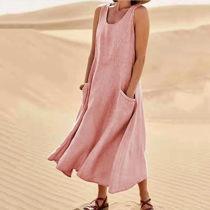 Relaxed Linen Blend Sleeveless Maxi Dress Pockets Pink 1