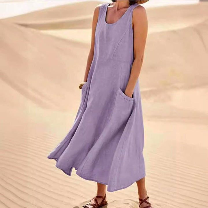 Relaxed Linen Blend Sleeveless Maxi Dress Pockets Purple 1