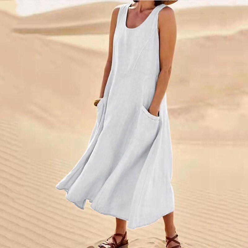 Relaxed Linen Blend Sleeveless Maxi Dress Pockets White 1