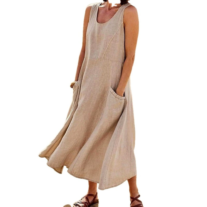 Relaxed Linen Blend Sleeveless Maxi Dress Pockets on white