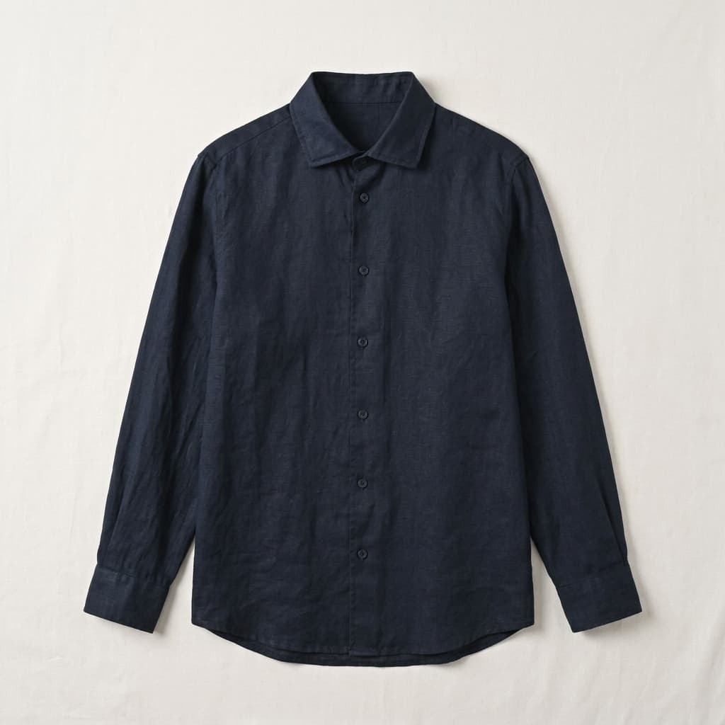 Relaxed Linen Button Down Shirt Long Sleeve Navy 1