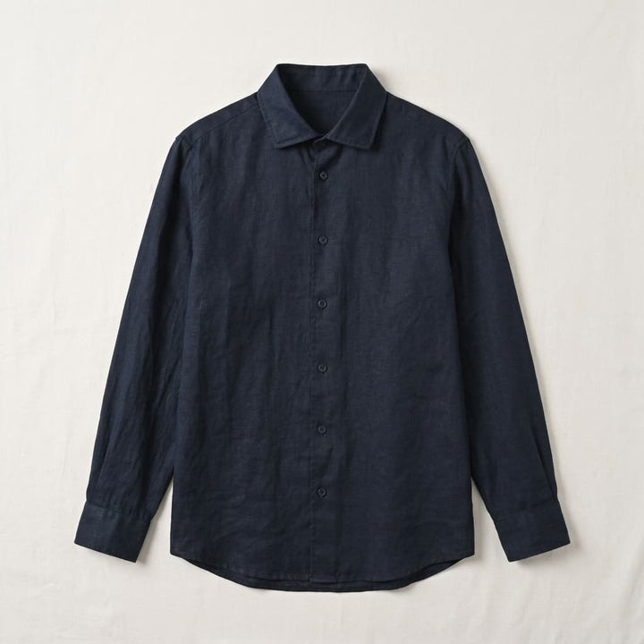 Relaxed Linen Button Down Shirt Long Sleeve Navy 1