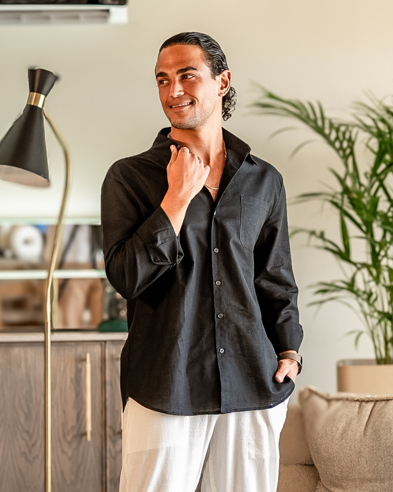 Relaxed Linen Button Down Shirt Long Sleeve Set of 3 Black 2