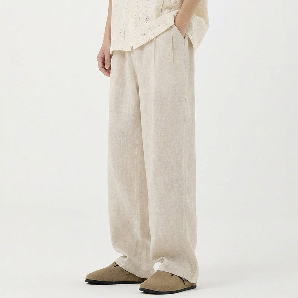Relaxed Linen Drawstring Pants Straight Leg Set of 2 Beige 2