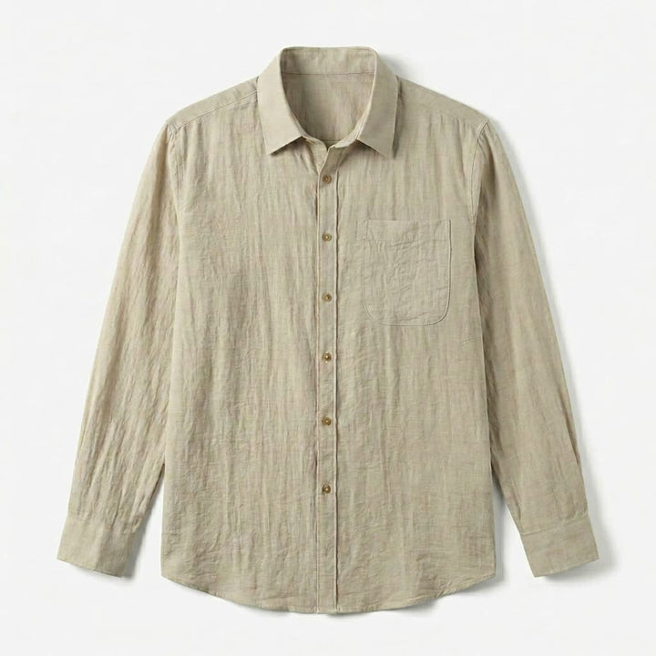 Relaxed Linen Long Sleeve Shirt Chest Pocket Beige 1